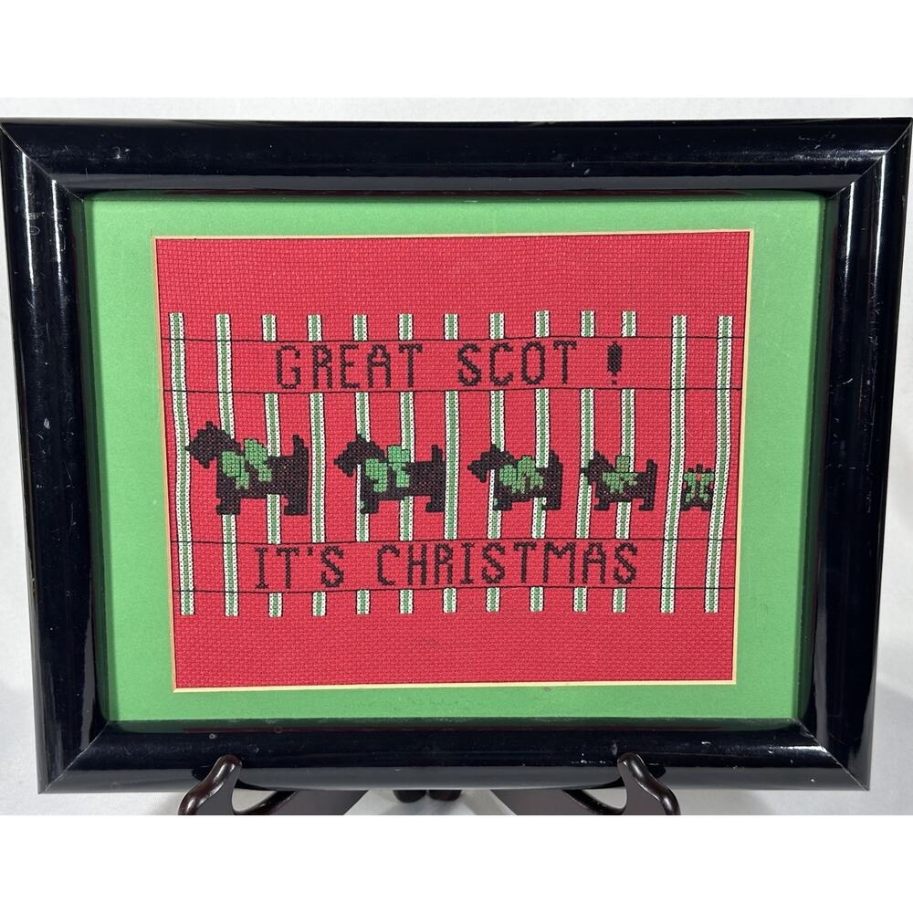 VTG Framed Handmade Finished Cross Stitch Scotty Dog Family Merry Christmas